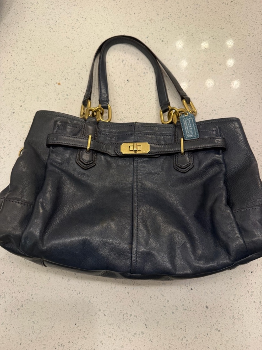 Coach Black Leather Turnlock Satchel with Gold Hardware